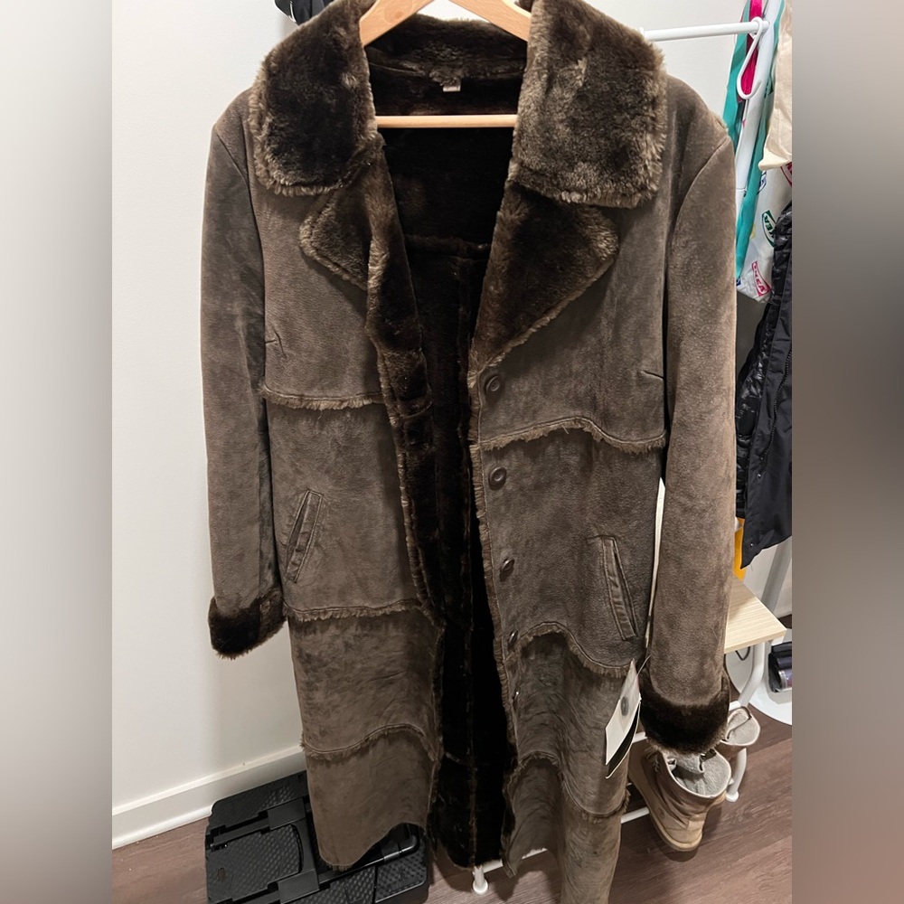 NWT Brandon Thomas Vintage Brown Genuine Suede Leather Faux Fur Lining Coat